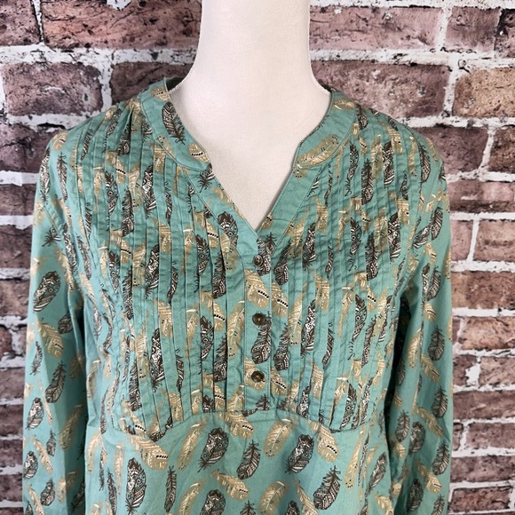 Bit & Bridle Women Teal Feather Print Pintuck Boho Blouse Top X-Large Cow Girl - Picture 3 of 13
